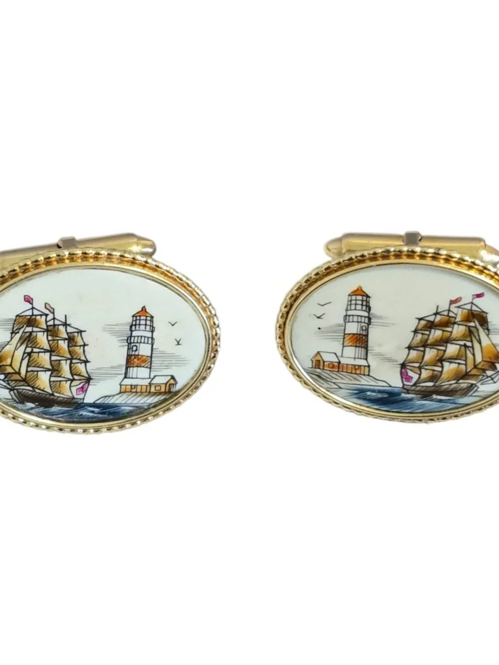 Vintage Krementz Gold Tone Faux Scrimshaw Oval Cufflinks Lighthouse Clipper Ship